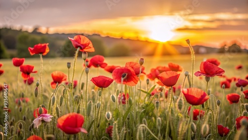 Vibrant red poppies sway gently in a serene poppy field, basking in the warm golden glow of a breathtaking sunset, casting a peaceful ambiance.