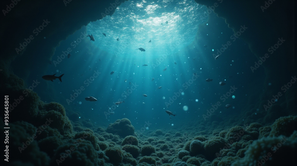 Naklejka premium underwater photo with light reflection from sunlight spreading into the ocean