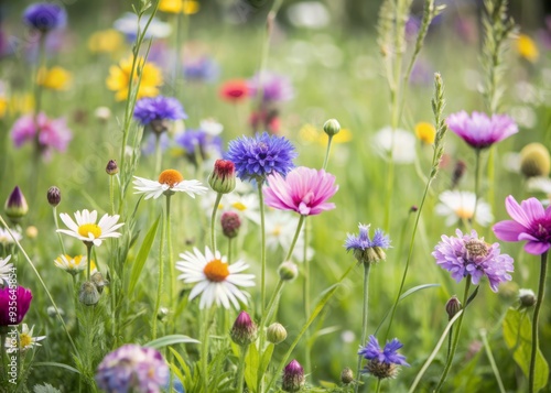 Vibrant wildflowers of various colors bloom amidst lush green grass and soft sunlit haze in a serene and idyllic natural meadow landscape.