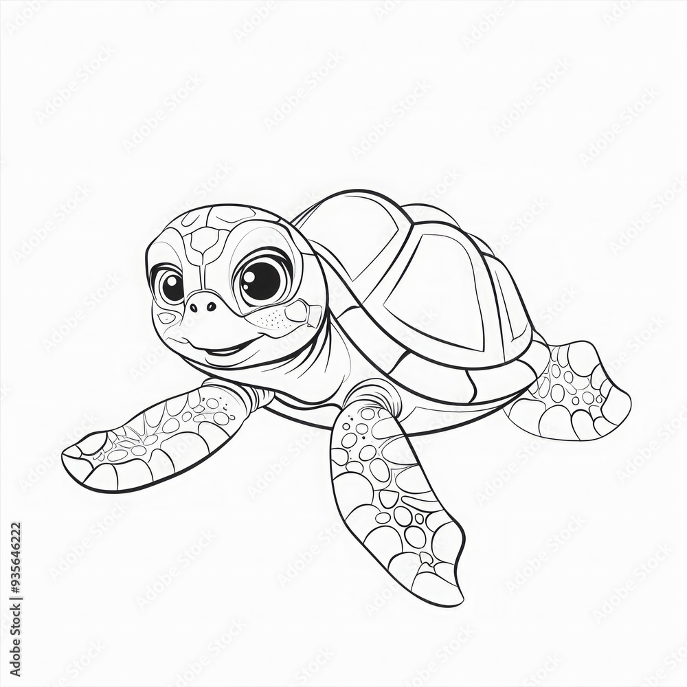 Fototapeta premium Adorable cartoon sea turtle with large eyes and detailed shell. Black and white line art illustration. Cute marine animal character design for coloring book. Generative AI