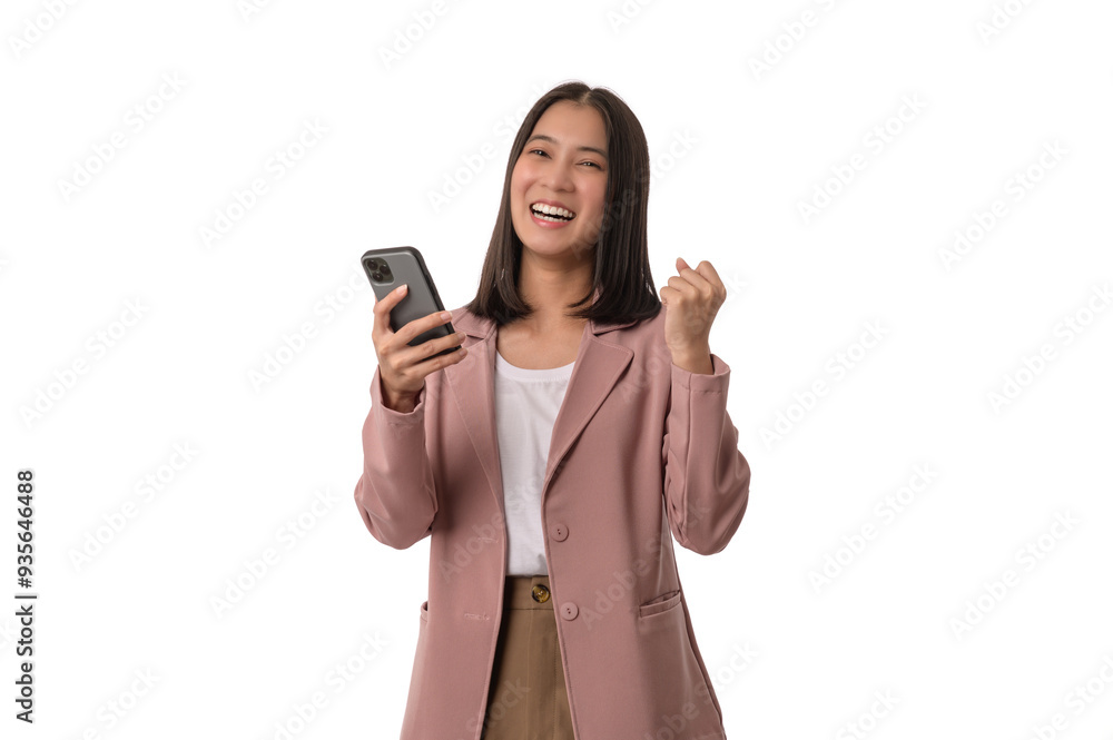 Portrait photo of young beautiful Asian woman feeling happy or surprise shock and holding smart phone on white background can use for advertising or product presenting concept. Portrait photo of young beautiful Asian woman feeling happy or surprise shock and holding smart phone on white background can use for advertising or product presenting concept.