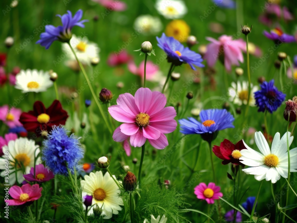 Vibrant colored flowers bloom in a lush green field, dominated by pink, purple, and white hues, with scattered yellow, blue, and delicate petals swaying gently. Vibrant colored flowers bloom in a lush green field, dominated by pink, purple, and white hues, with scattered yellow, blue, and delicate petals swaying gently.