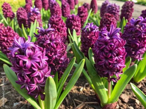 Vibrant violet purple hyacinth flowers fill the frame, gently swaying in the breeze, captured at a slanted angle, showcasing their delicate beauty in soft natural light.