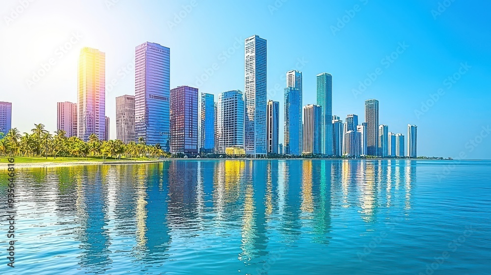 Fototapeta premium A stunning skyline view reflecting on tranquil waters, showcasing modern architecture against a vibrant blue sky.