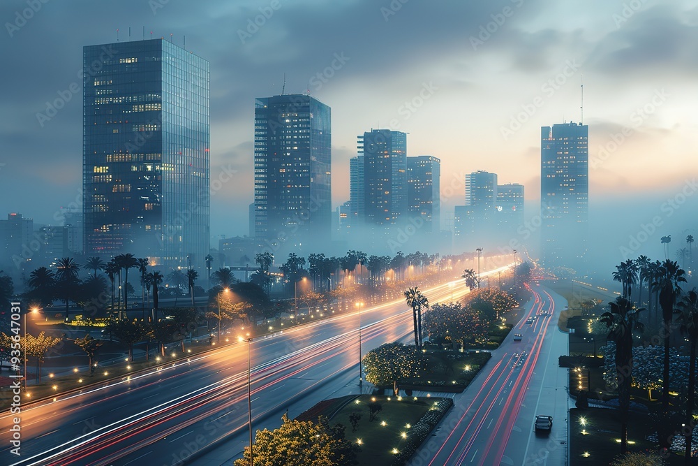 Fototapeta premium A city street at night with a foggy atmosphere