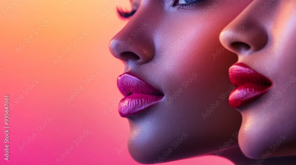 Two women pose side by side, highlighting their lips adorned with vibrant lipstick in a striking gradient setting. Two women pose side by side, highlighting their lips adorned with vibrant lipstick in a striking gradient setting.