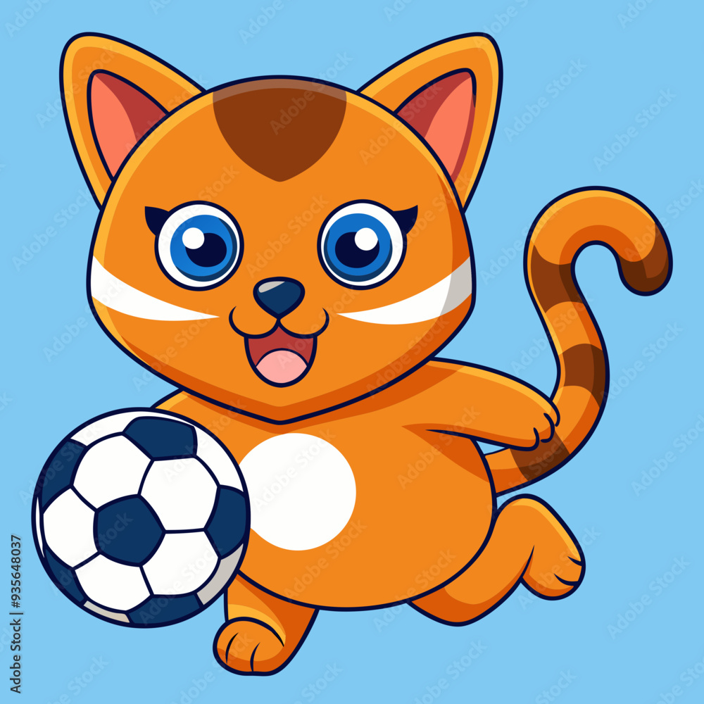 Fototapeta premium Cartoon illustration of a cute cat happily running with a soccer ball