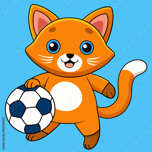 Adorable orange cat cartoon character happily holding a soccer ball