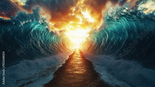 Wallpaper Mural stone path leading to the Red Sea, giant waves parting in two directions with an opening between them through which light is shining, Moses biblical concept  Torontodigital.ca