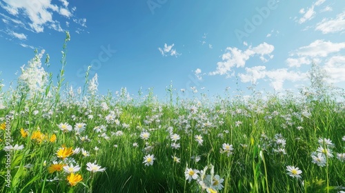 A vibrant green meadow with wildflowers in full bloom under a clear blue sky, capturing nature's beauty