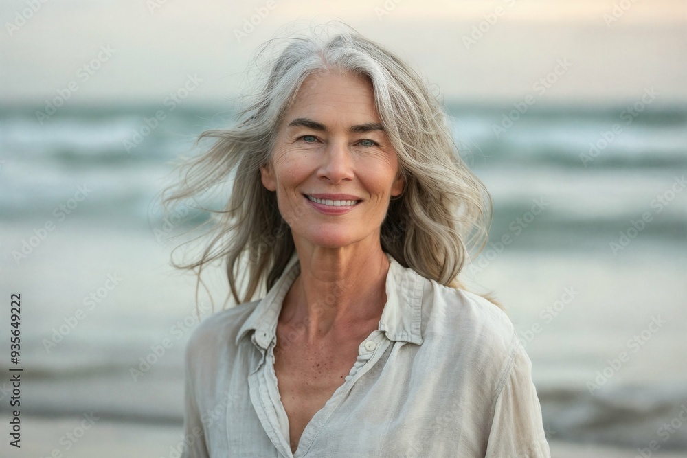 Senior woman enjoying a beach vacation, smiling and embracing happiness and relaxation in a natural setting, captured in a lifestyle portrait Senior woman enjoying a beach vacation, smiling and embracing happiness and relaxation in a natural setting, captured in a lifestyle portrait