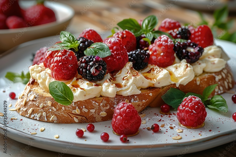 A plate of food with a slice of bread and berries on top A plate of food with a slice of bread and berries on top