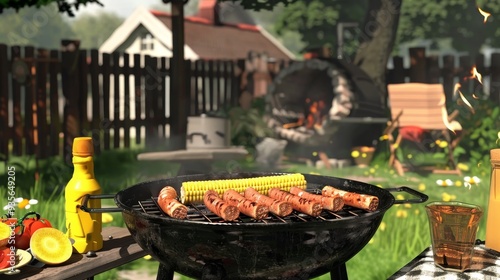 Backyard Barbeque with  Grilled Sausages and Corn on the Cob photo