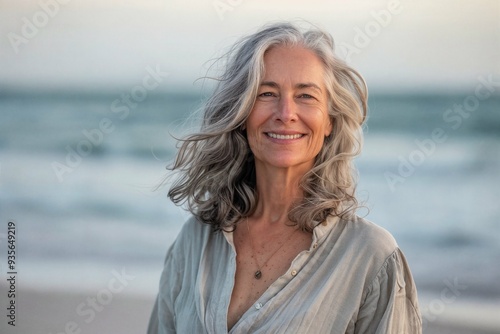 Mature woman enjoying a serene beach vacation, radiating happiness and vitality, captured in a relaxed portrait of a vibrant lifestyle