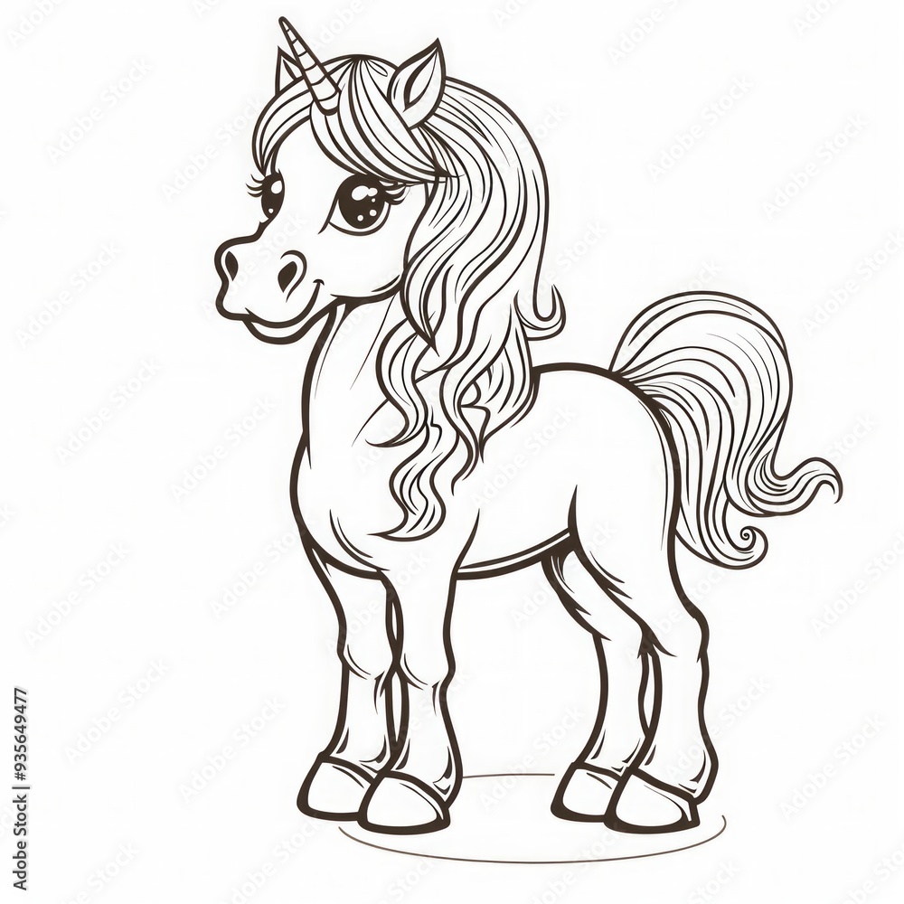 Smiling cartoon unicorn with flowing mane. Black and white line art illustration. Fantasy animal theme for coloring book design. Generative AI Smiling cartoon unicorn with flowing mane. Black and white line art illustration. Fantasy animal theme for coloring book design. Generative AI