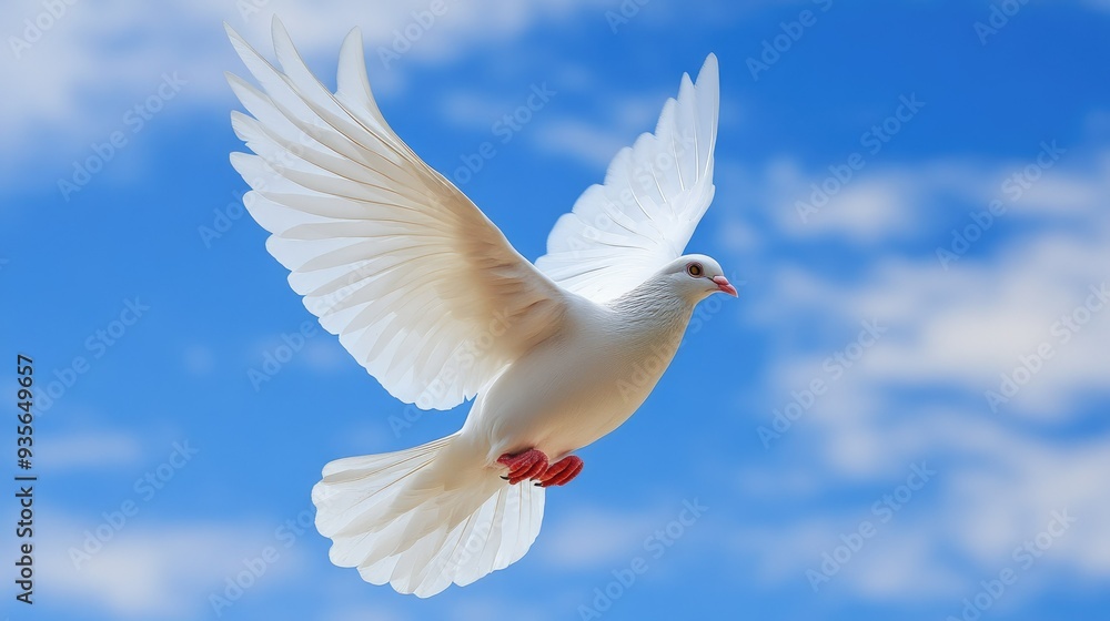 Fototapeta premium A white dove flying against a blue sky, symbolizing peace and freedom -