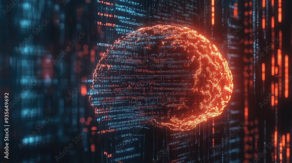 Abstract 3D rendering of a human brain made of data streams and binary ...