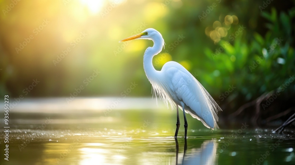 Obraz premium A white heron standing gracefully in a shallow pond, symbolizing patience and beauty