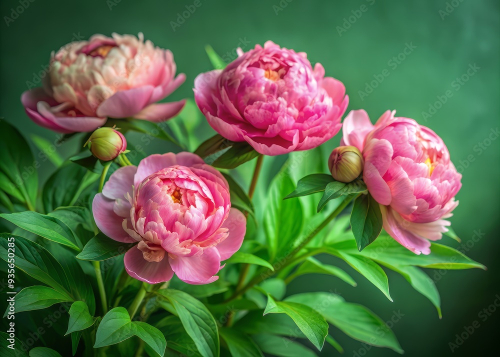 Delicate pink peonies bloom in soft focus against a dramatic dark background, showcasing intricate petals and lush green leaves in a romantic elegant still life. Delicate pink peonies bloom in soft focus against a dramatic dark background, showcasing intricate petals and lush green leaves in a romantic elegant still life.
