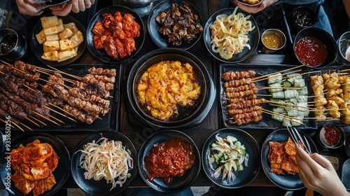 A table filled with Korean street food like skewers and pancakes, leaving space for text in the center. photo