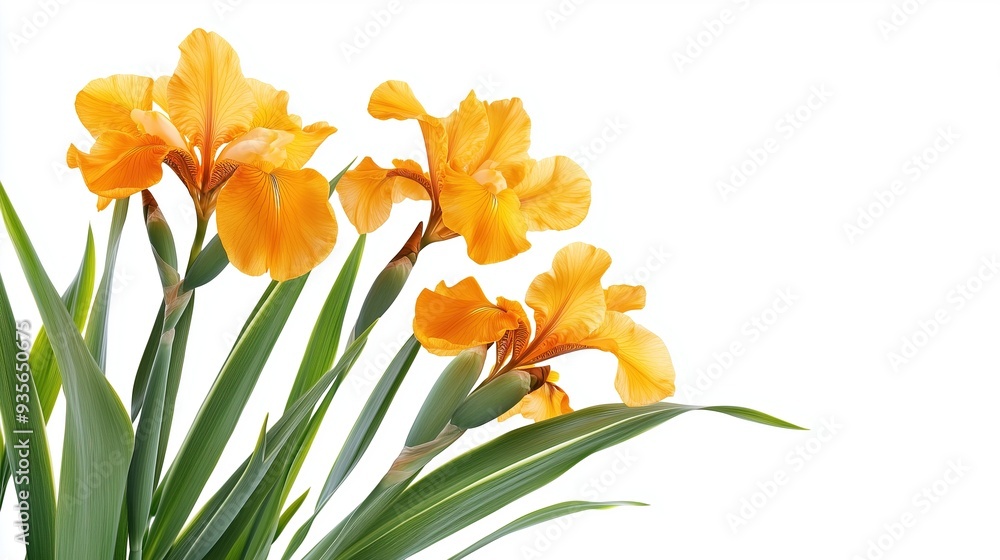 Beautiful orange irises with green leaves Beautiful orange irises with green leaves