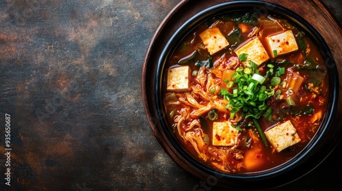 A vibrant serving of Korean jjigae (stew) with tofu, kimchi, and vegetables, leaving space for text on the side.