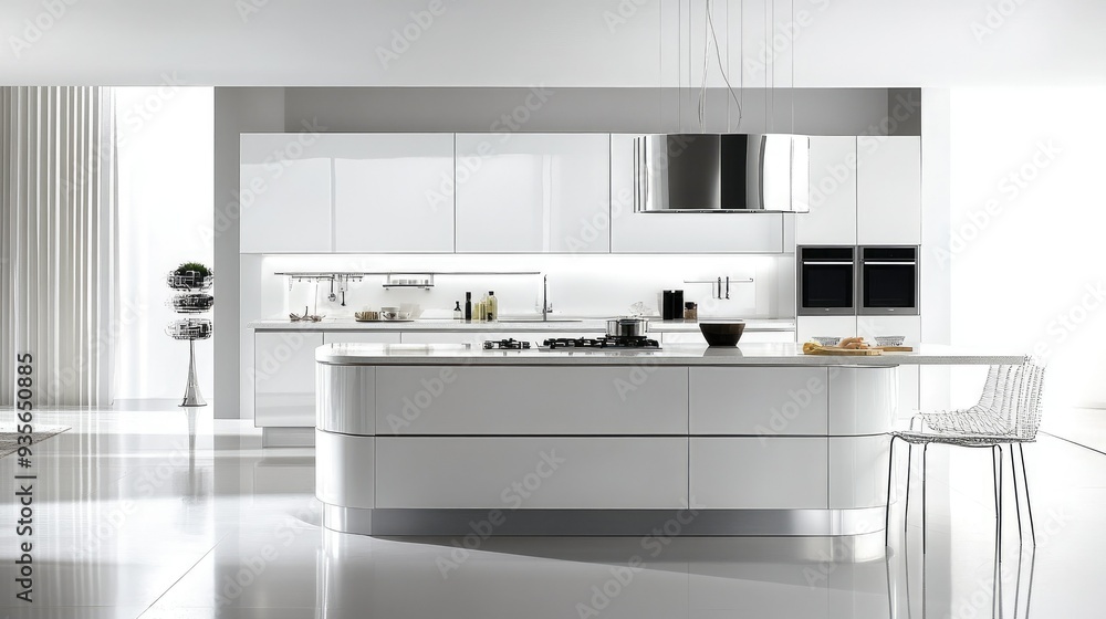 A white modern kitchen with sleek cabinets and countertops, showcasing clean and minimalist desig A white modern kitchen with sleek cabinets and countertops, showcasing clean and minimalist desig