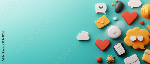 Colorful communication icons, vibrant emojis and symbols represent social interaction, creativity, and digital connectivity against a bright turquoise backdrop.