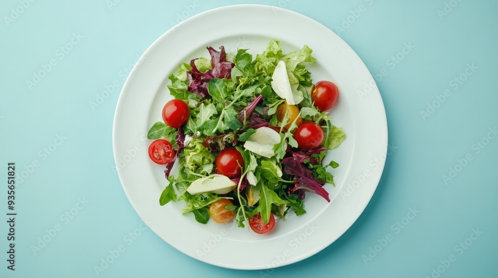 A white plate with a beautifully arranged salad, symbolizing health and freshness A white plate with a beautifully arranged salad, symbolizing health and freshness