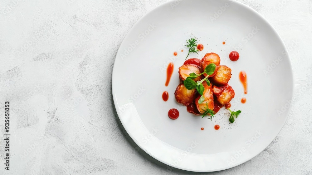 A white plate with a minimalist food presentation, showcasing elegance in simplicity A white plate with a minimalist food presentation, showcasing elegance in simplicity