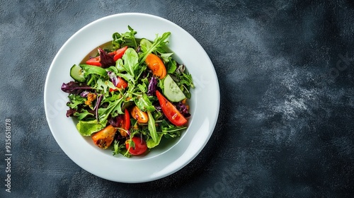 A white plate with a beautifully arranged salad, symbolizing health and freshness