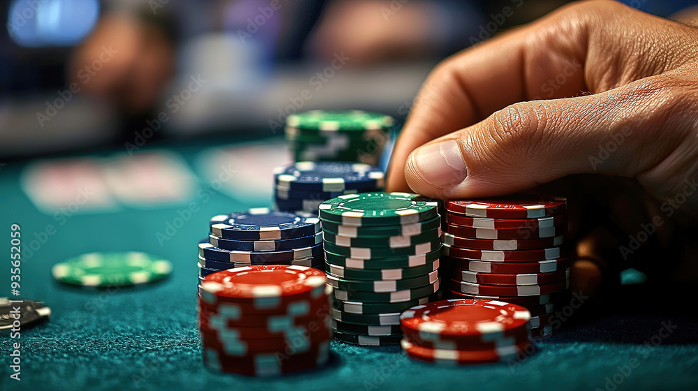 man's hand holding poker chips, casino table background man's hand holding poker chips, casino table background