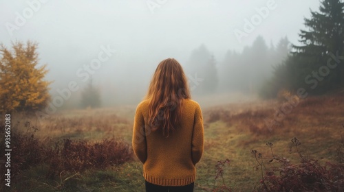 Wallpaper Mural Woman in cozy sweater standing in foggy autumn Torontodigital.ca