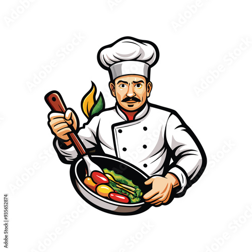 Cartoon illustration of a chef holding a pan with food.