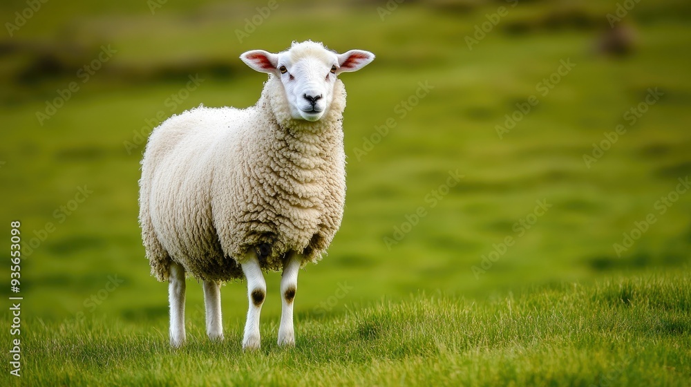 A white sheep standing in a green field, symbolizing simplicity and peace A white sheep standing in a green field, symbolizing simplicity and peace