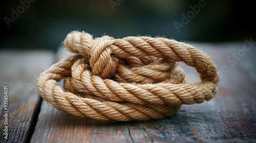 rope coiled on a wooden floor, symbolizing entanglement and disorder. The texture of the rope contrasts with the smooth wood, reflecting a chaotic interplay of elements