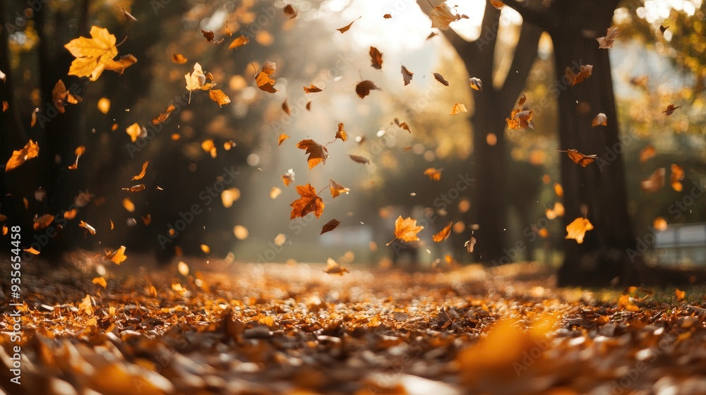 Golden autumn leaves falling from trees, covering the ground in a beautiful seasonal blanket Golden autumn leaves falling from trees, covering the ground in a beautiful seasonal blanket