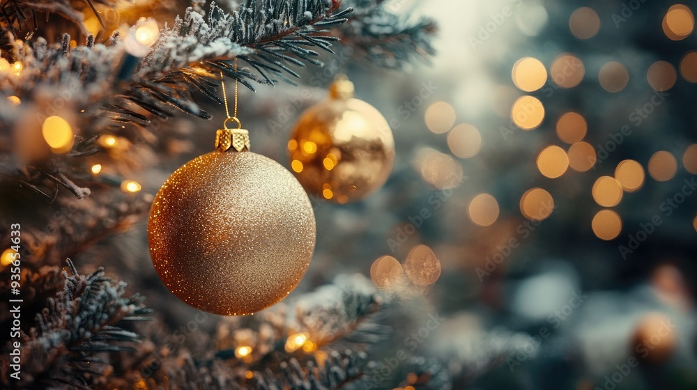 Golden Christmas ornaments hanging on a decorated tree, adding a festive touch to the holiday season Golden Christmas ornaments hanging on a decorated tree, adding a festive touch to the holiday season