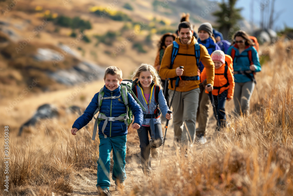 A dynamic scene of a family hiking together in a scenic mountain trail. They are wearing hiking gear, carrying backpacks, and enjoying the natural beauty around them. The parents are guiding the child A dynamic scene of a family hiking together in a scenic mountain trail. They are wearing hiking gear, carrying backpacks, and enjoying the natural beauty around them. The parents are guiding the child