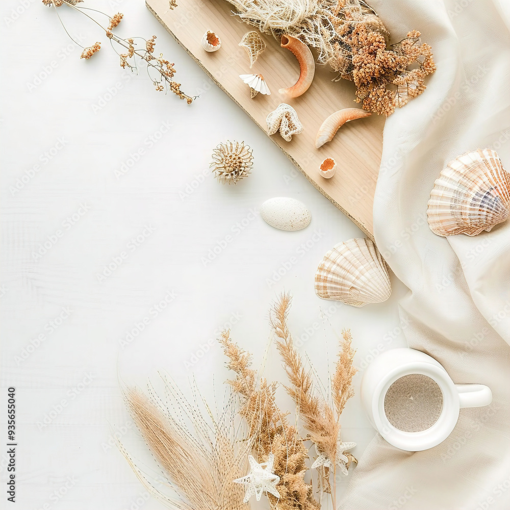 Boho home decor flat lay background, natural details and decoration in bright summer daylight Boho home decor flat lay background, natural details and decoration in bright summer daylight