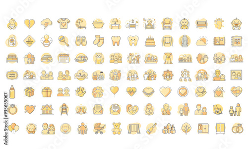 Large Set of  Minimalist Baby-Themed Icons in Yellow and Orange