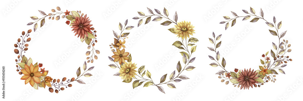 Fall round wreath set with watercolor flower. Hand drawn floral frame with blooming in rustic style with red and orange color. Perfect for autumn botanical invitation and greeting card designs. Fall round wreath set with watercolor flower. Hand drawn floral frame with blooming in rustic style with red and orange color. Perfect for autumn botanical invitation and greeting card designs.