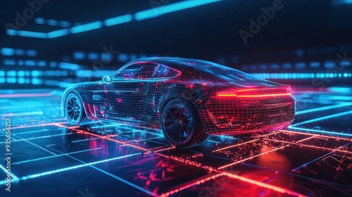 avantgarde photography, car with futuristic light projections, A futuristic car with neon lights on it This abstract futuristic illustration illustrates the concept of car service and technological 