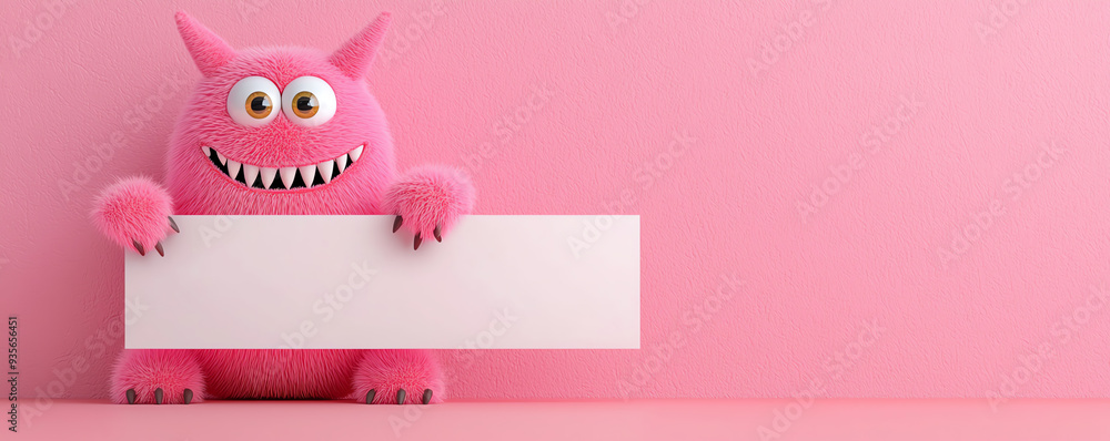A cheerful pink monster holds a blank sign in front of a playful pink background, perfect for fun illustrations or creative projects. A cheerful pink monster holds a blank sign in front of a playful pink background, perfect for fun illustrations or creative projects.