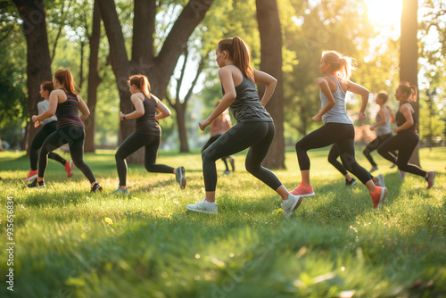 A fitness instructor leading an outdoor bootcamp class in a park. Participants are engaged in various exercises like lunges, squats, and sprints. The setting includes green grass, trees, open space