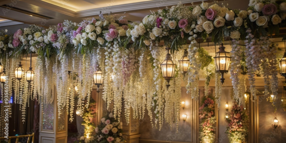 Softly lit, neutral-toned wisteria and roses cascade down a floor-to-wall backdrop, creating a romantic, vintage-inspired ambiance with flowers suspended from the ceiling. Softly lit, neutral-toned wisteria and roses cascade down a floor-to-wall backdrop, creating a romantic, vintage-inspired ambiance with flowers suspended from the ceiling.