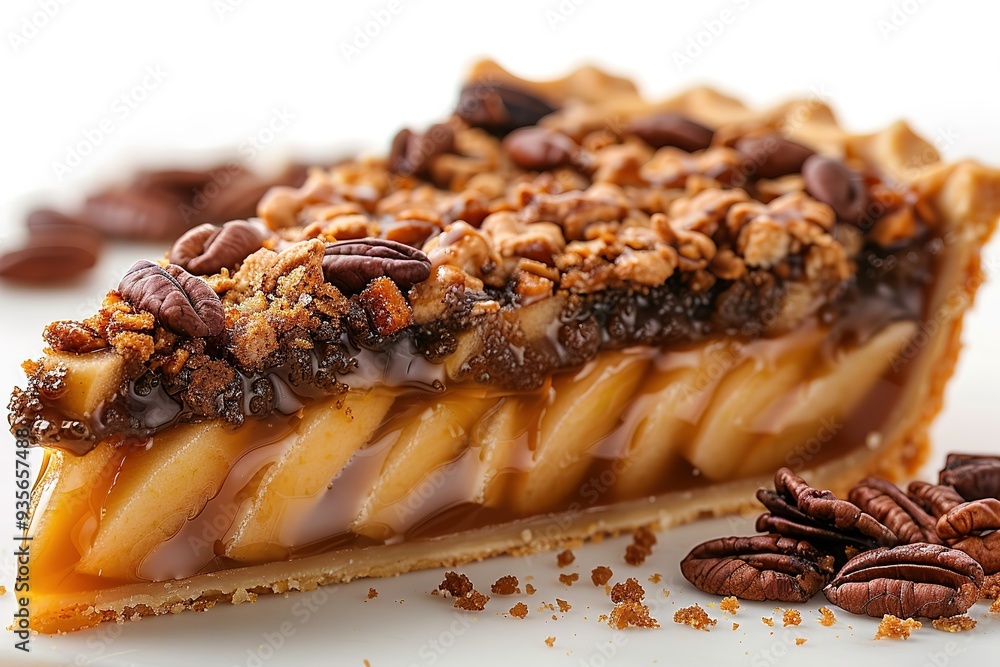 A slice of pie with nuts on top A slice of pie with nuts on top