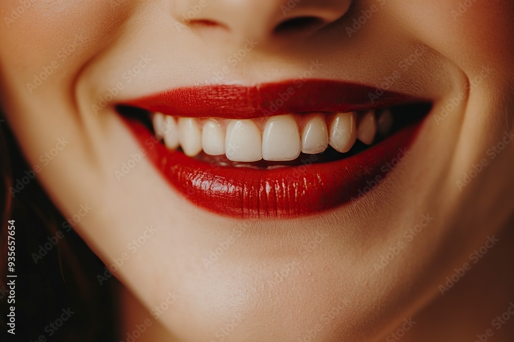 Human smiling mouth and nose. Closeup macro portrait of female part of face. Woman red lips with day beauty makeup. generative ai Human smiling mouth and nose. Closeup macro portrait of female part of face. Woman red lips with day beauty makeup. generative ai