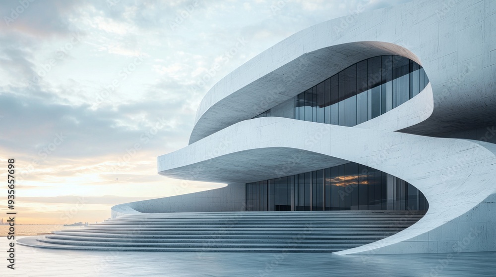 Fototapeta premium This striking architectural marvel showcases smooth, flowing lines that harmonize with its surroundings during the twilight hours, inviting wonder and admiration
