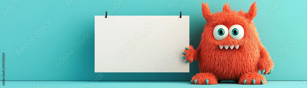 Fototapeta premium A friendly orange monster character stands next to a blank sign, perfect for playful and whimsical designs.